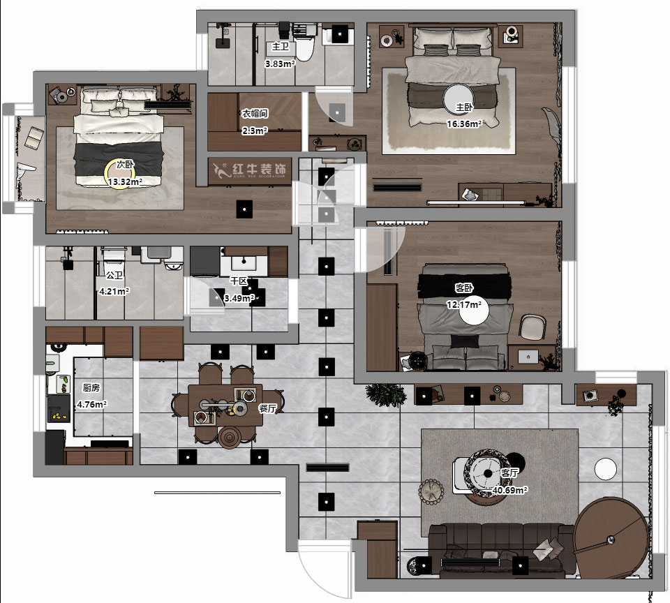 朱彦｜聚宝山庄海棠街区5-1203-130㎡-现代简约风格｜3室2厅2卫｜老房改造｜定制家｜全包16万｜00_03平面彩图
